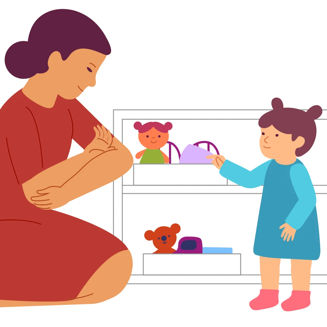 Illustration for “Let's Put the Doll to Sleep”, step 1: In the room where your little one plays a lot, set up themed trays or boxes with toys.