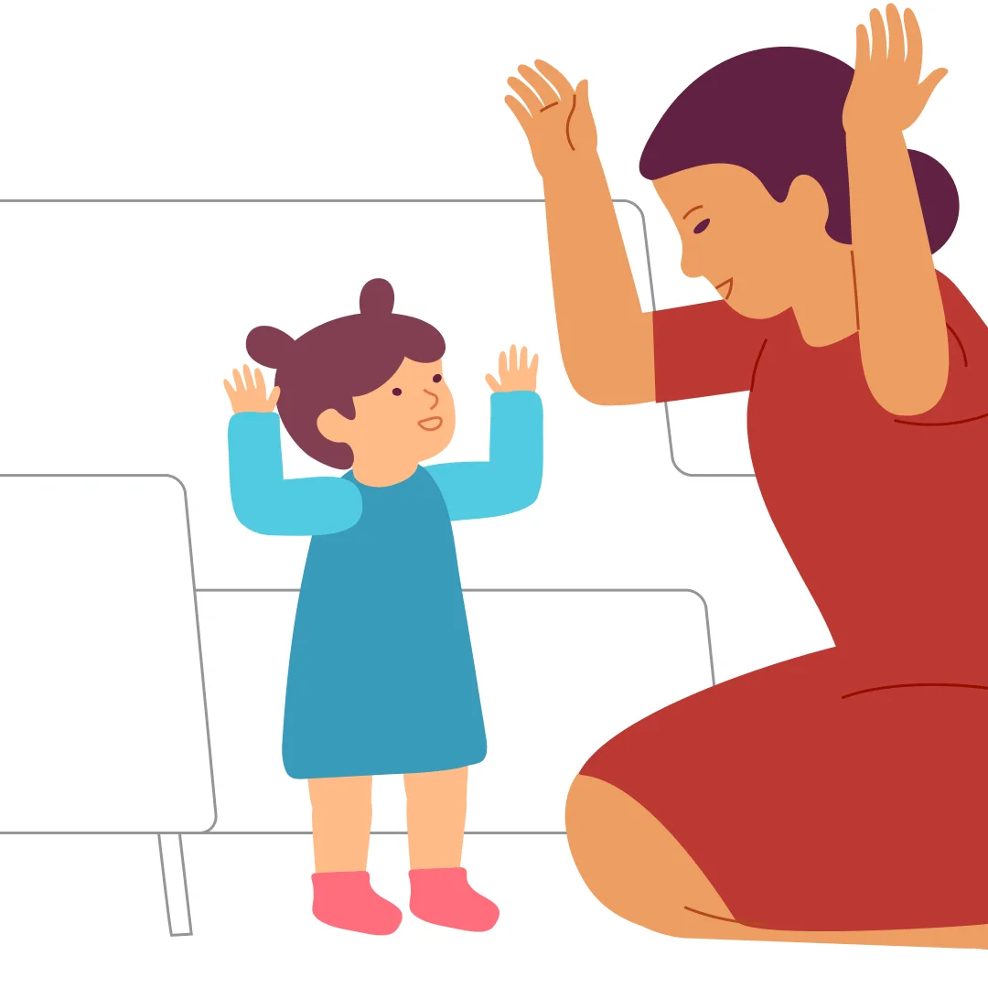 Illustration for “«If You’re Happy and You Know It»”, step 3: Say, "Now let's shout hooray." Show how: lift your arms up and wave them excitedly.