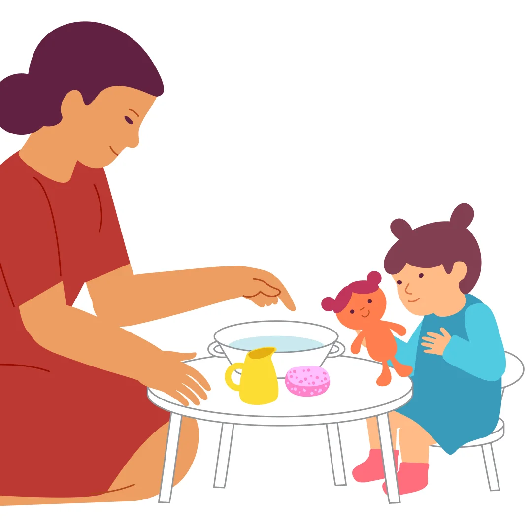 Illustration for “Bath Time for Dolly”, step 1: Spread a waterproof mat or towel on the floor or table.