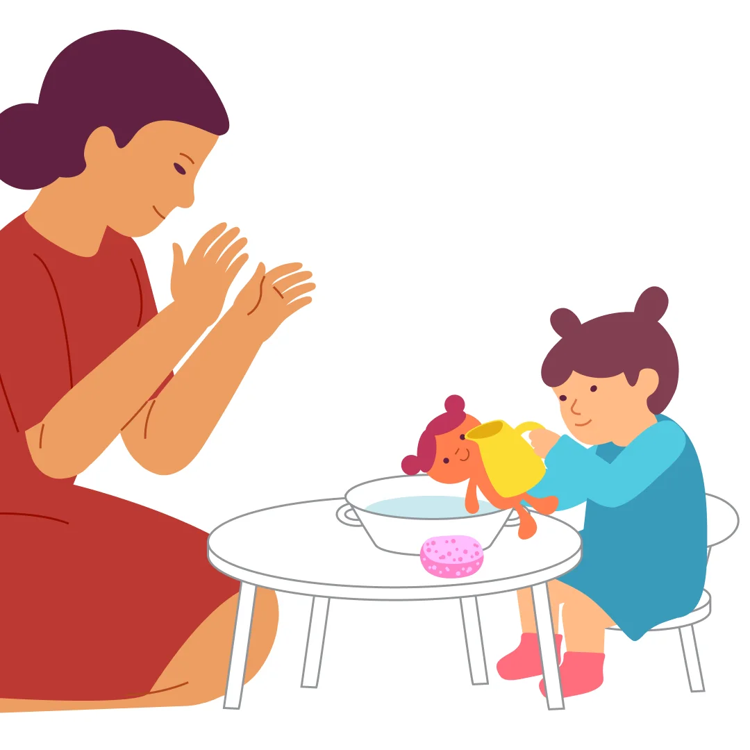 Illustration for “Bath Time for Dolly”, step 4: Invite your child to give the doll a gentle pretend rinse with a small watering can.