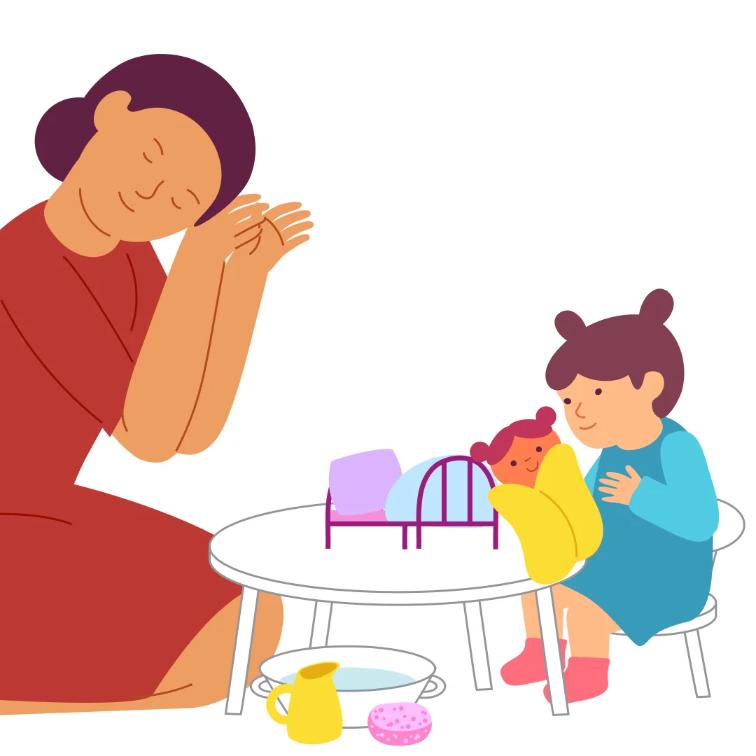 Illustration for “Bath Time for Dolly”, step 5: Offer a dry towel so your child can wrap or pat the doll dry.