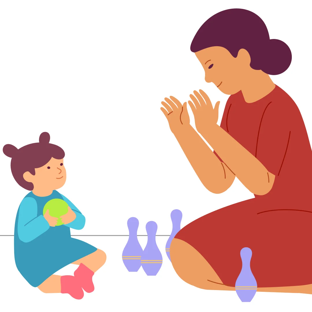 Illustration for “Bowling Alley. Wait for the signal and knock them down!”, step 2: Set up the pins and sit beside your child.