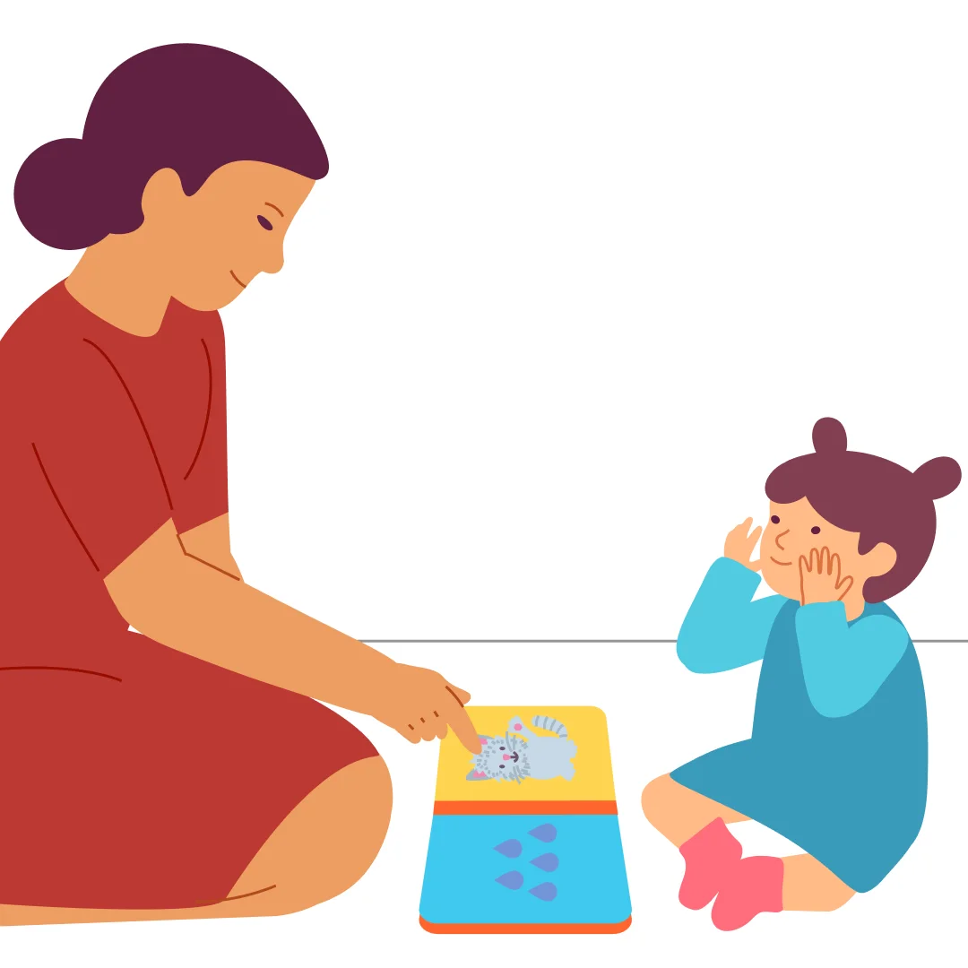 Illustration for “Read and Point!”, step 3: Point to the next picture and name it: "The kitty is washing with his paw." (show the washing motion).