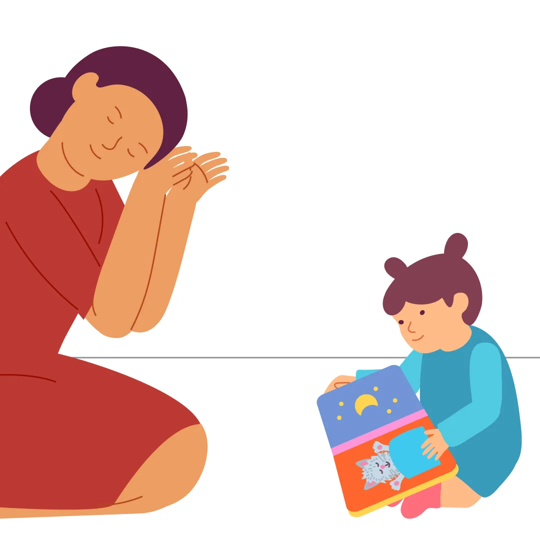 Illustration for “Read and Point!”, step 4: Name the last scene: "The kitty is tired.