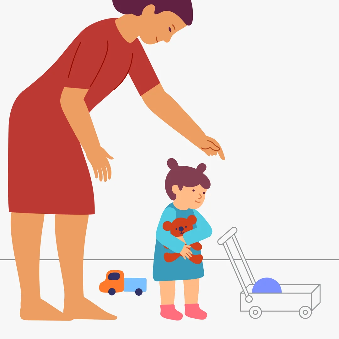 Illustration for “Pick Up Toys”, step 2: Say to your baby, "Now you put a toy here." (pointing gesture).