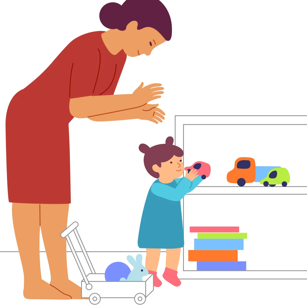 Illustration for “Take Toys Home”, step 2: When you arrive at the car spot, say, "Put the car back in its place.
