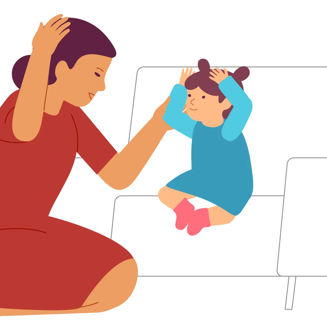 Illustration for “Point to Body Parts”, step 1: Sit face to face with your little one at their level.