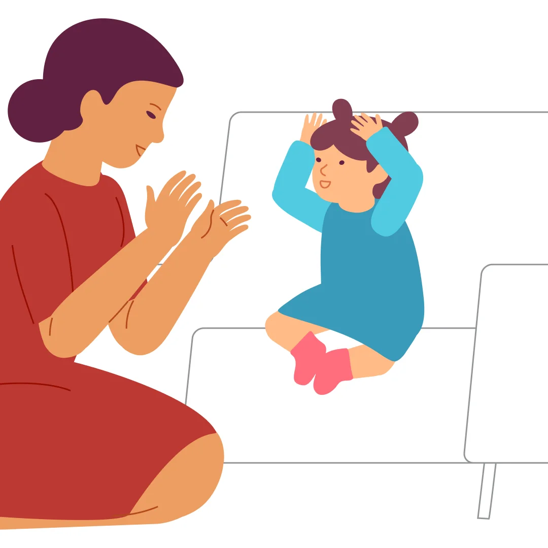 Illustration for “Point to Body Parts”, step 3: Let’s practice together and repeat all the body parts and movements.