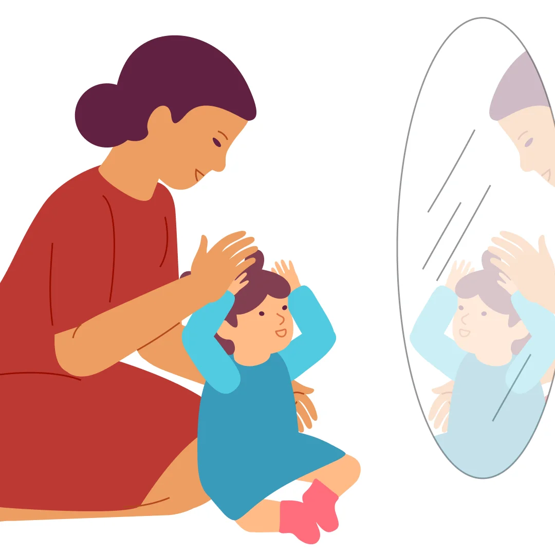Illustration for “Point to Body Parts”, step 4: Suggest singing the song in front of a mirror so your child can see and copy the moves.