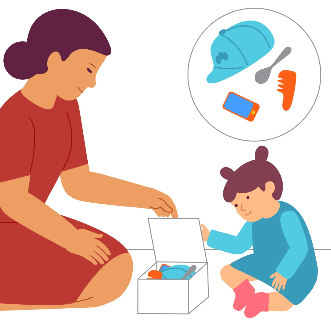 Illustration for “Treasure Box”, step 1: Prepare a box with 4 items (choose from: a spoon, a phone, a hairbrush, a clothespin, a sponge, a mirror, a bracelet, a baseball cap).