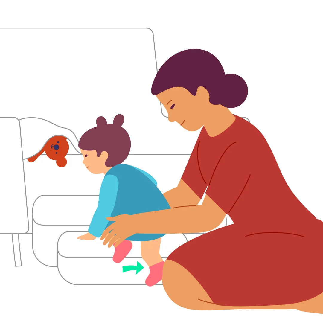 Illustration for “Mountain Climber”, step 2: Help your little climber turn around and put both hands on the first step.