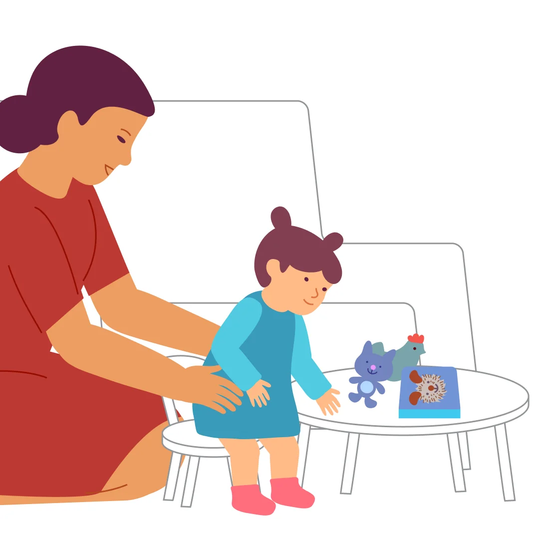 Illustration for “Sit on Chair”, step 2: Next, help the child turn around so their back faces the chair.