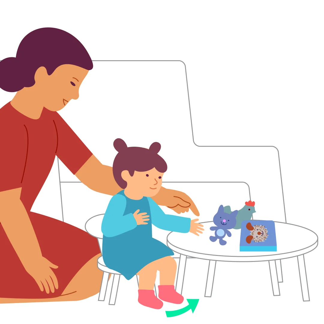 Illustration for “Sit on Chair”, step 3: When the child sits, help them turn so their back rests against the chair back.