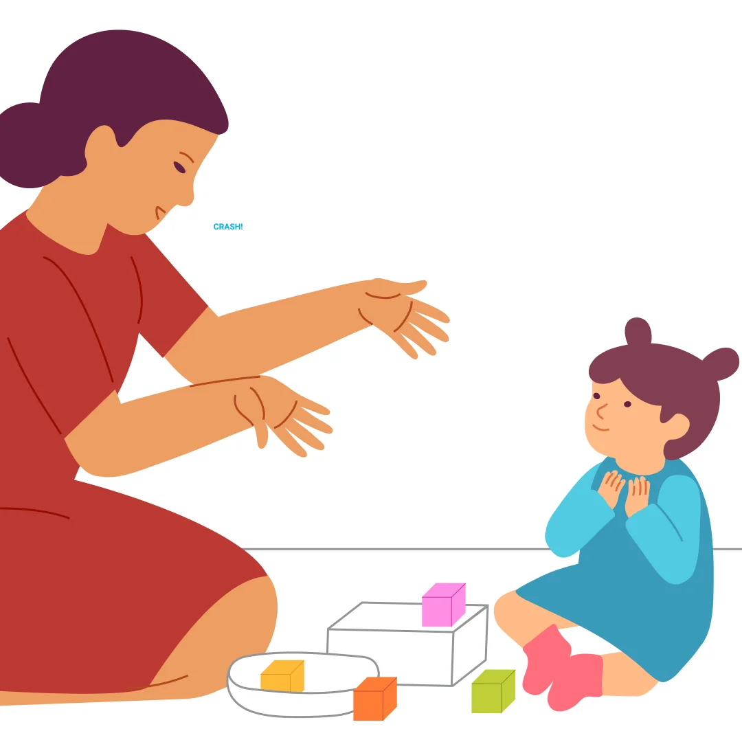 Illustration for “Little Tower”, step 3: Knock the tower down together: "One, two, three — crash!" On "crash" let your little one push the tower over.