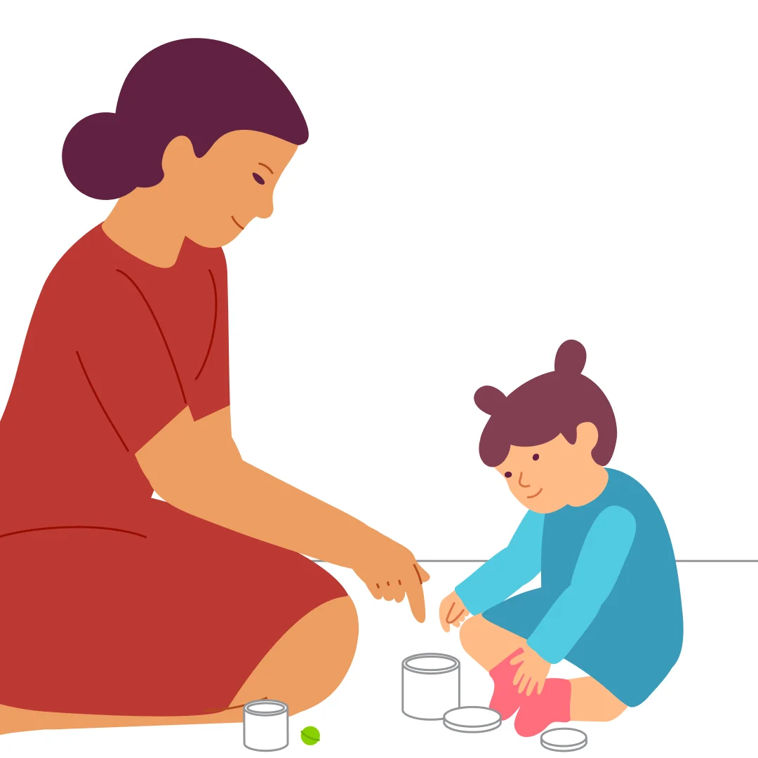 Illustration for “Jar with a surprise”, step 3: Place the large jar in front of the child and put two lids down — a small one and a large one.