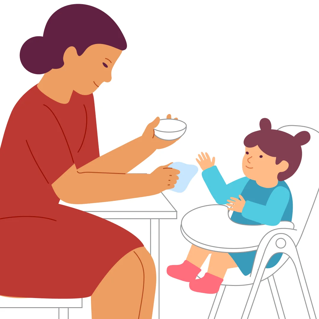Illustration for “"Yum-Yum, Spoon!"”, step 1: Seat the child in a high chair.