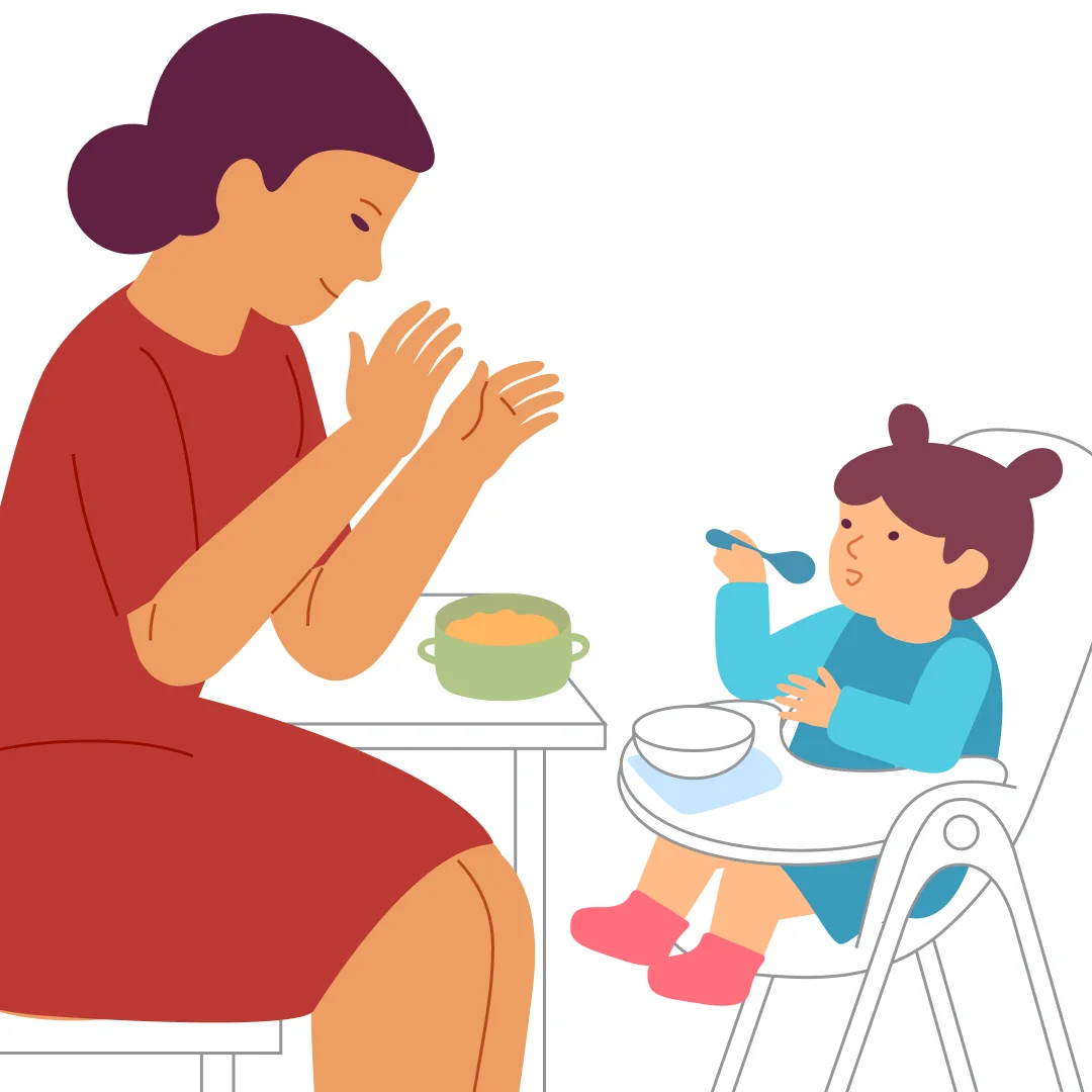 Illustration for “"Yum-Yum, Spoon!"”, step 2: Sit opposite the child and put a container of the child's food on the table.