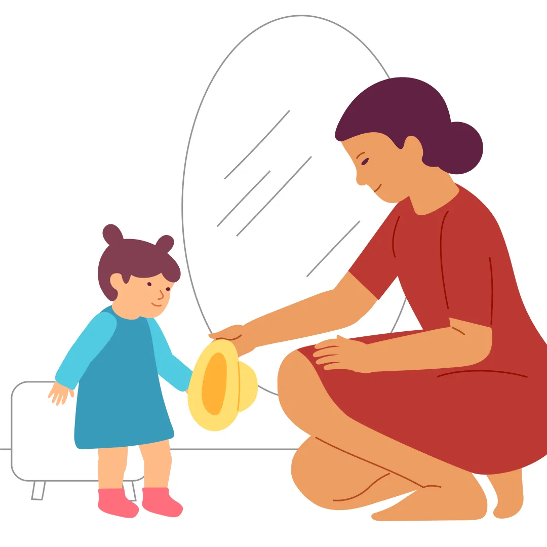 Illustration for “Learning to Put on a Hat”, step 1: Sit next to a mirror.