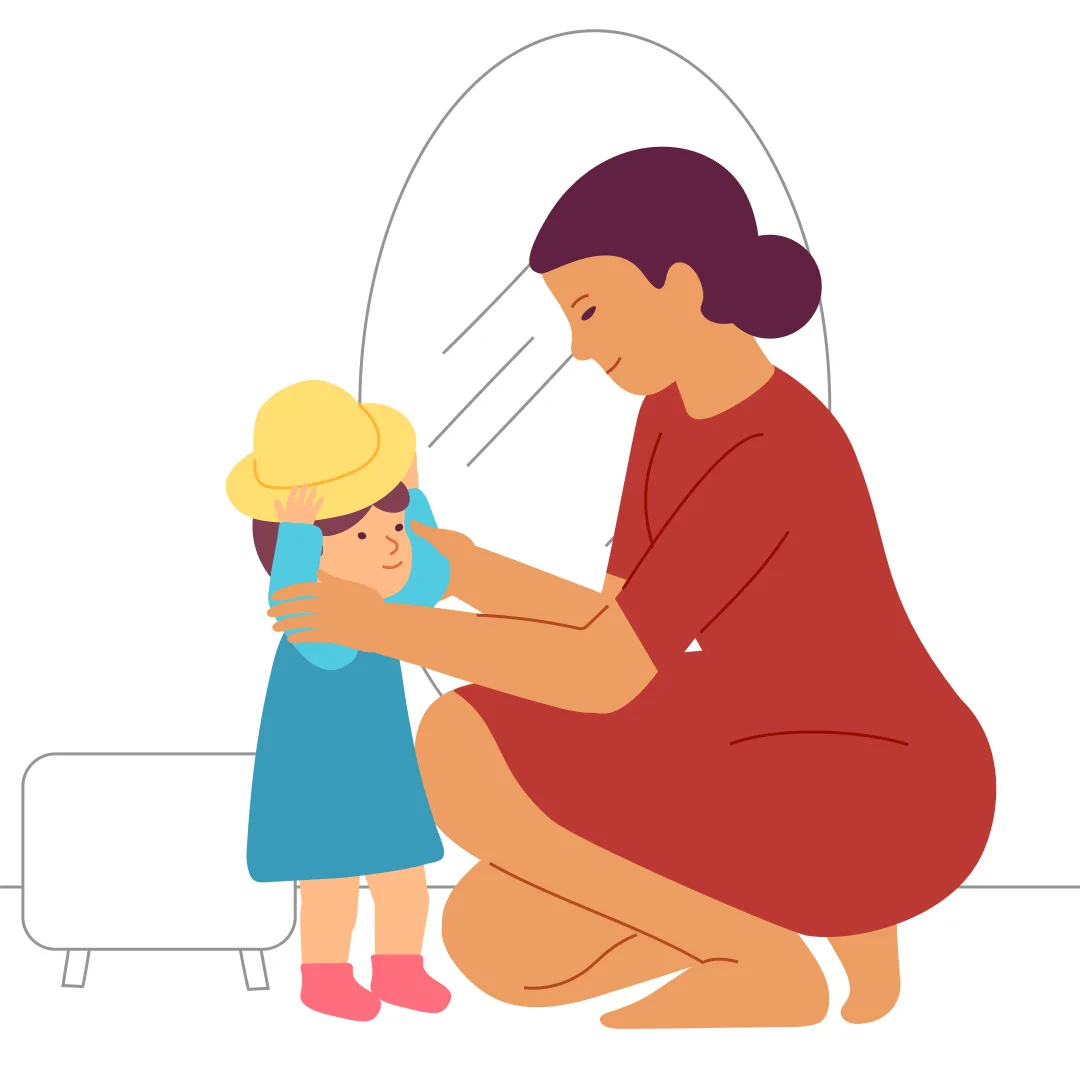 Illustration for “Learning to Put on a Hat”, step 3: Ask the child, "Put it on!" If needed, guide the child's hands under the forearms upward to the sides of the child's head.