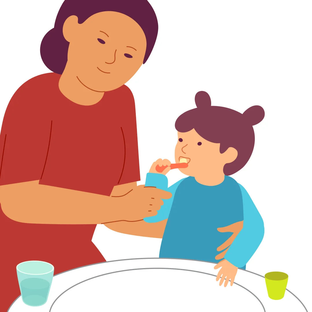 Illustration for “Brush-Brush, Teeth!”, step 4: Ask the child, "Show me how you can brush your teeth.