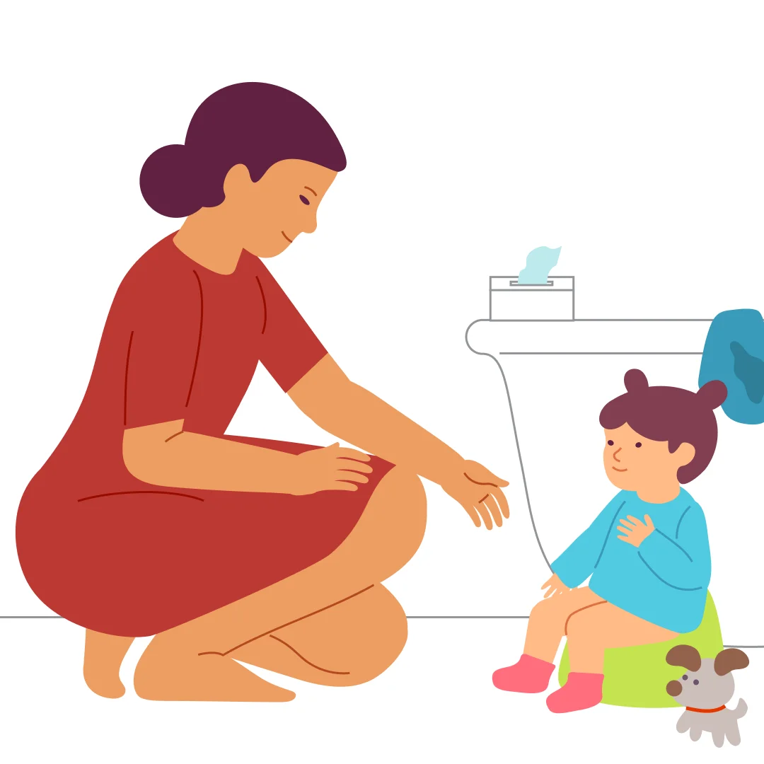 Illustration for “Potty Time”, step 3: Take the child's pants off and sit them on the potty saying, "You need to pee on the potty, pee-pee." Wait a few minutes.