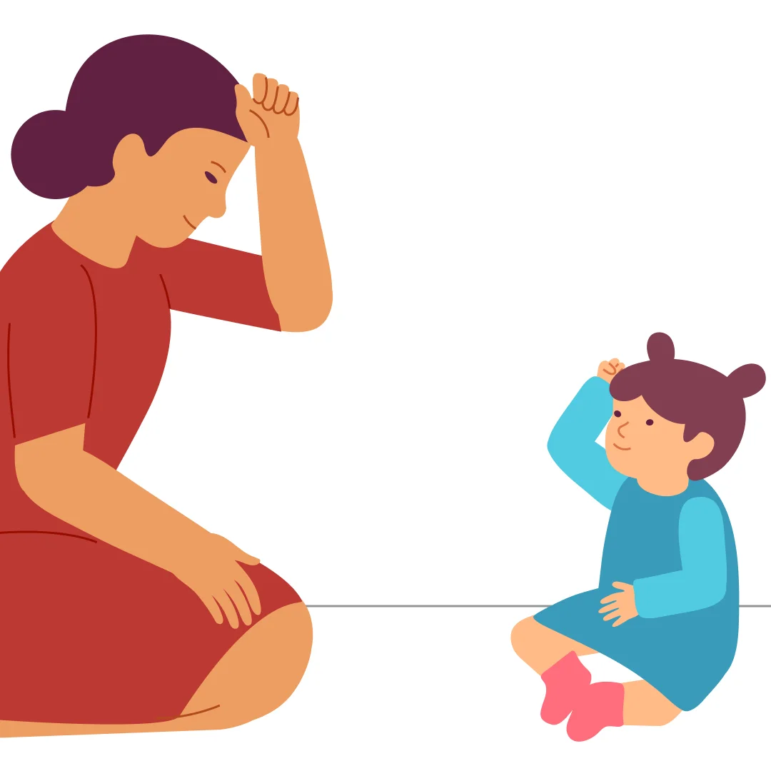 Illustration for “Show What We Did”, step 2: Ask: “Show me how we brush our hair!” When your child shows you, sing and pretend to brush your hair.