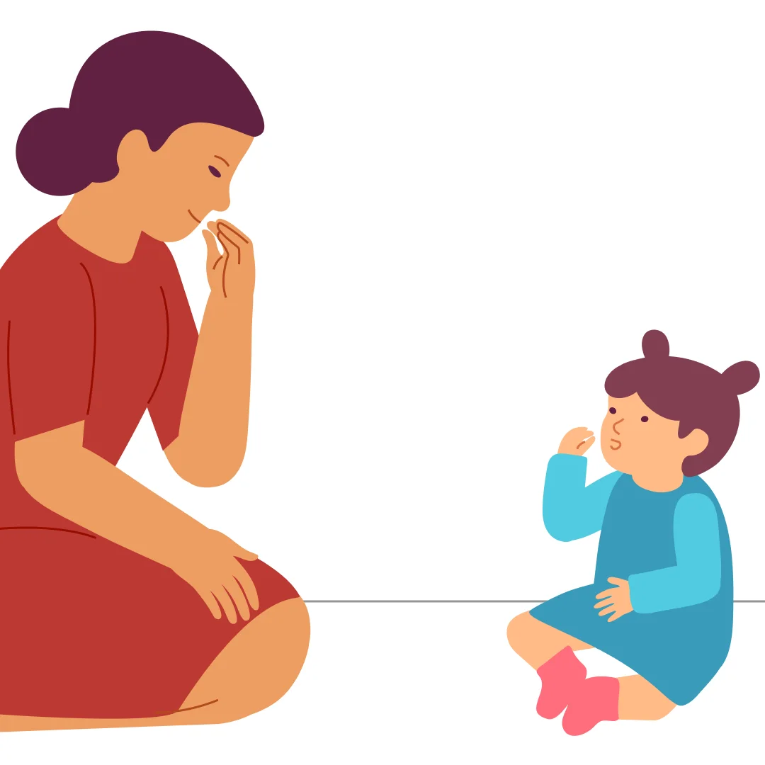 Illustration for “Show What We Did”, step 3: Ask: “Show me how we eat!” When your child shows you, sing and pretend to eat.