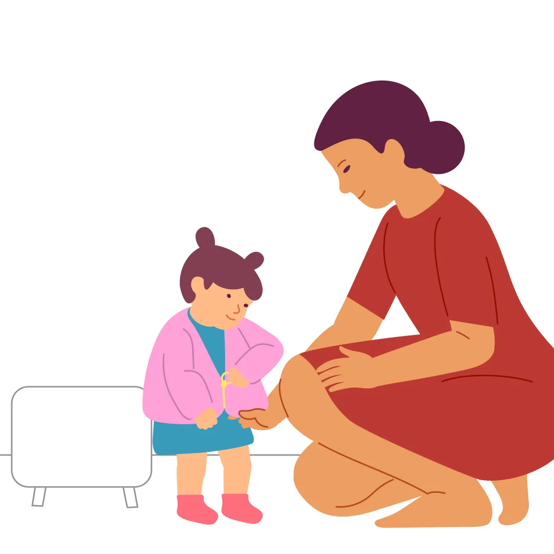 Illustration for “Wear Your Jacket”, step 3: Put the hoodie on the child, align the zipper.