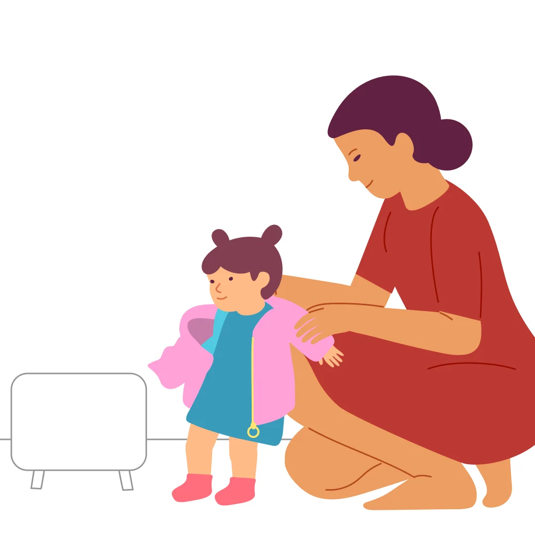 Illustration for “Wear Your Jacket”, step 4: When you take the hoodie off the child, use the reverse order of actions and the instruction "pull your hand out of the sleeve." Praise the child for their participation: "Good job, you helped ta