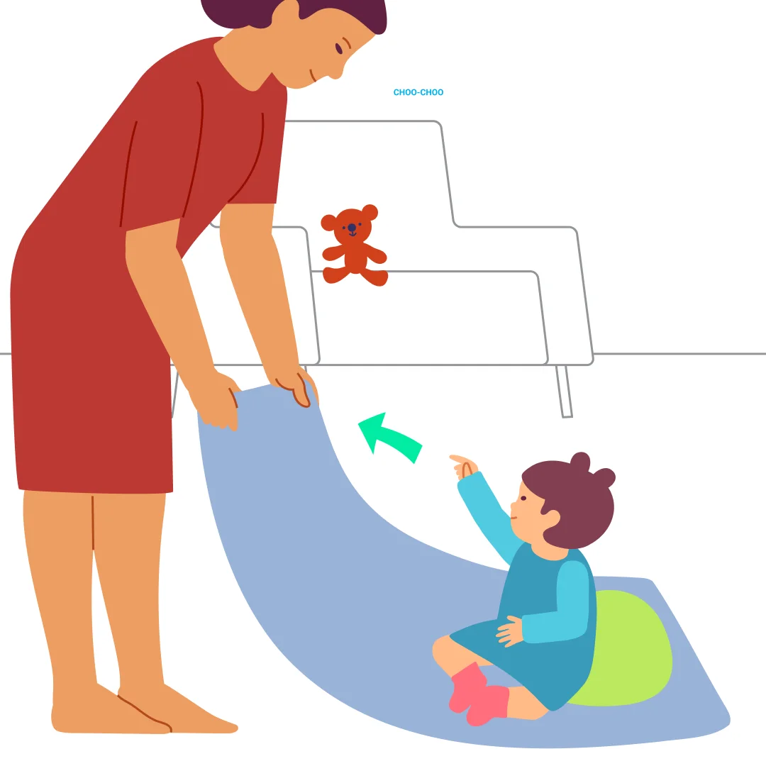 Illustration for “Blanket Ride”, step 1: Suggest to your little one to play a game of “Journey.” Use a blanket or throw that can slide easily on the floor.