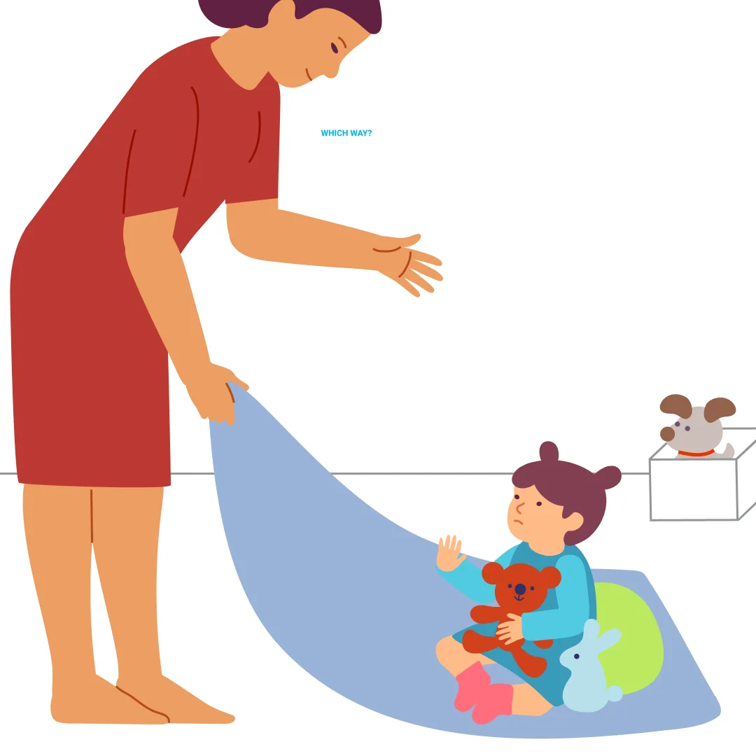 Illustration for “Blanket Ride”, step 4: You can make the game more challenging: “Let’s go to the Puppy!” and start moving in the wrong direction.