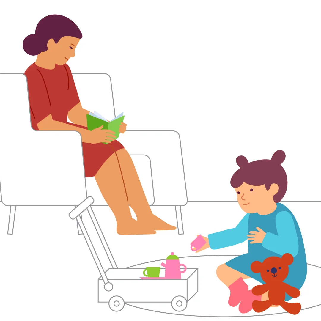 Illustration for “Push and Roll!”, step 3: Suggest that your child take the box or stroller to a chair or to a mat — the “island.” “We’ve arrived!
