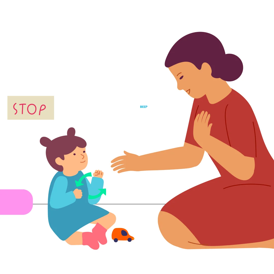 Illustration for “Cars”, step 3: When your child drives the car to the STOP sign, praise them: “Yay, the car made it!” Ask, “Is the car going?” Your child might answer with the word you used in the game—“beep-beep”—or use a gesture of steer