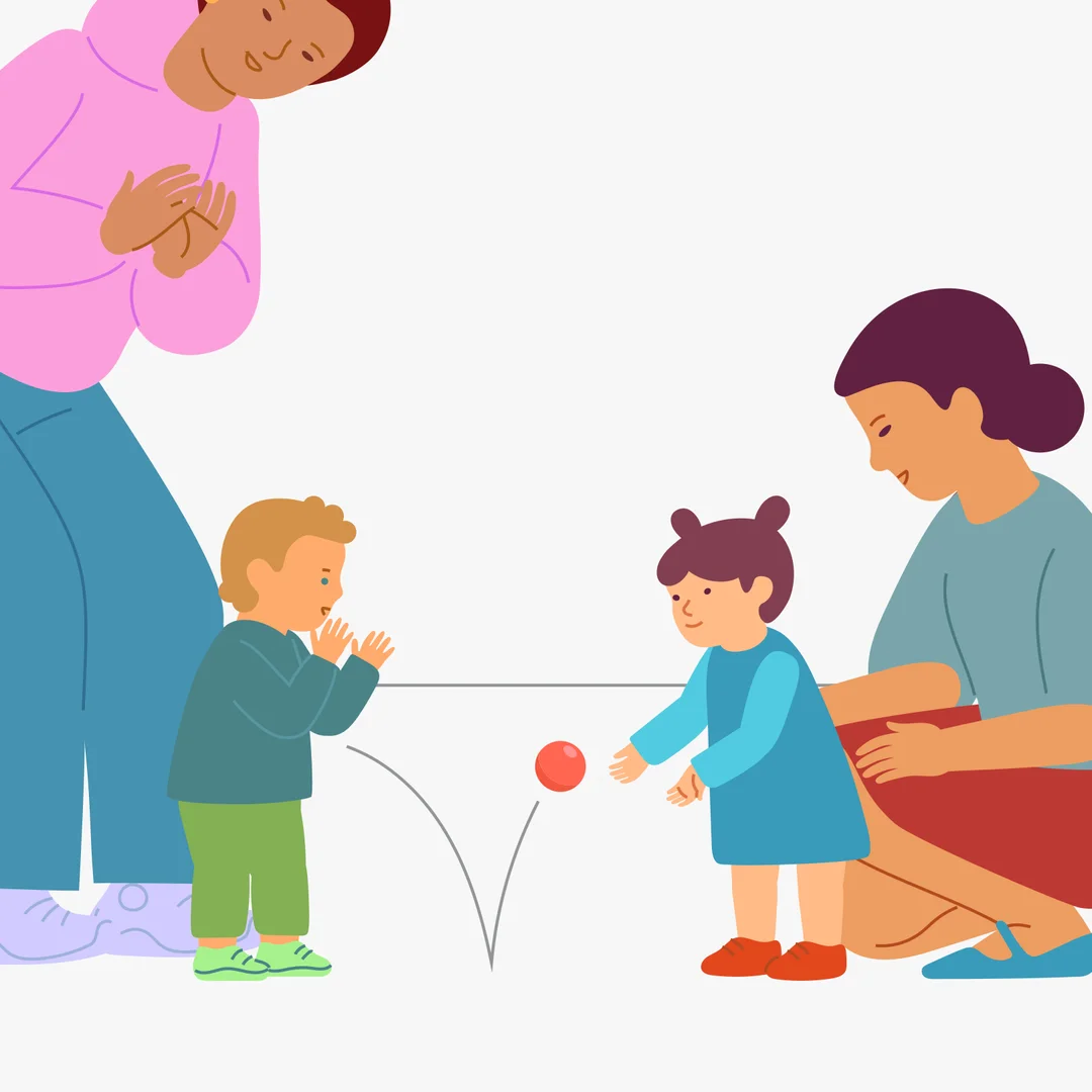 Illustration for “Catch the Ball!”, step 3: If the toddlers still have energy, make the game a bit more challenging and practice catching the medium-sized ball.