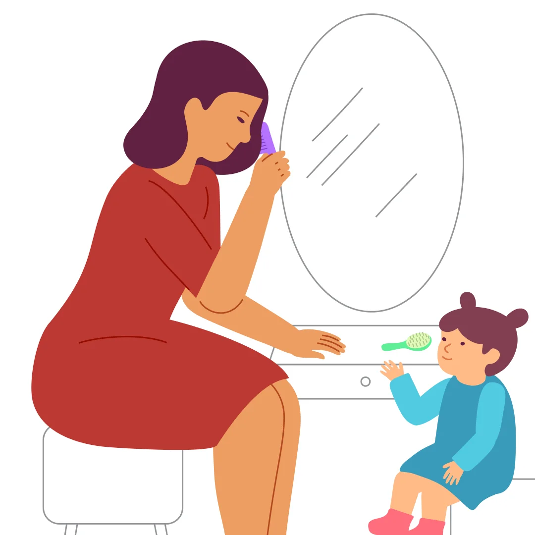 Illustration for “Brush Your Hair”, step 1: Place your child’s comb near the mirror where your comb is, and where you comb your hair most often.