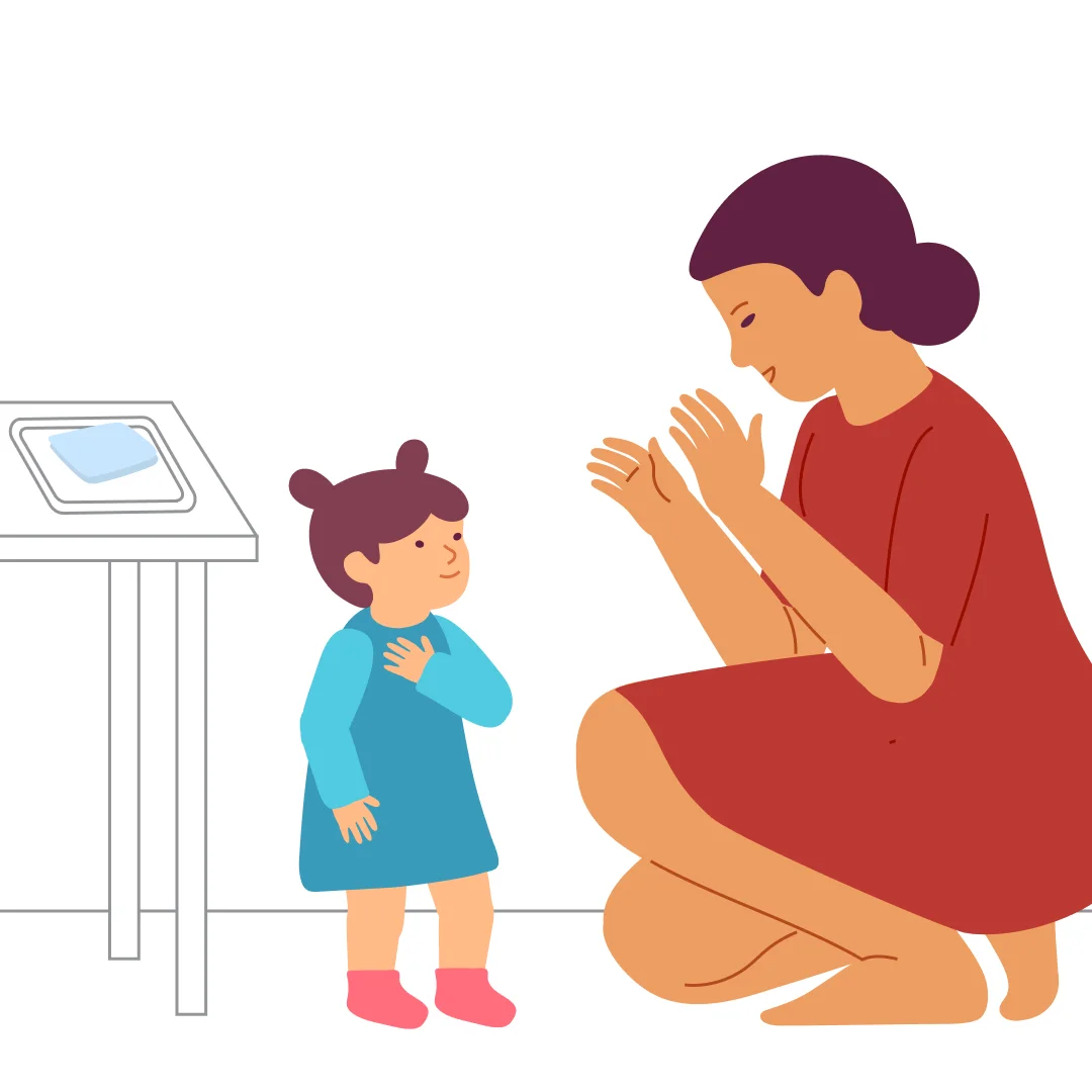 Illustration for “Kitchen Helpers”, step 3: When your child reaches the table, take the tray and place it on the table.