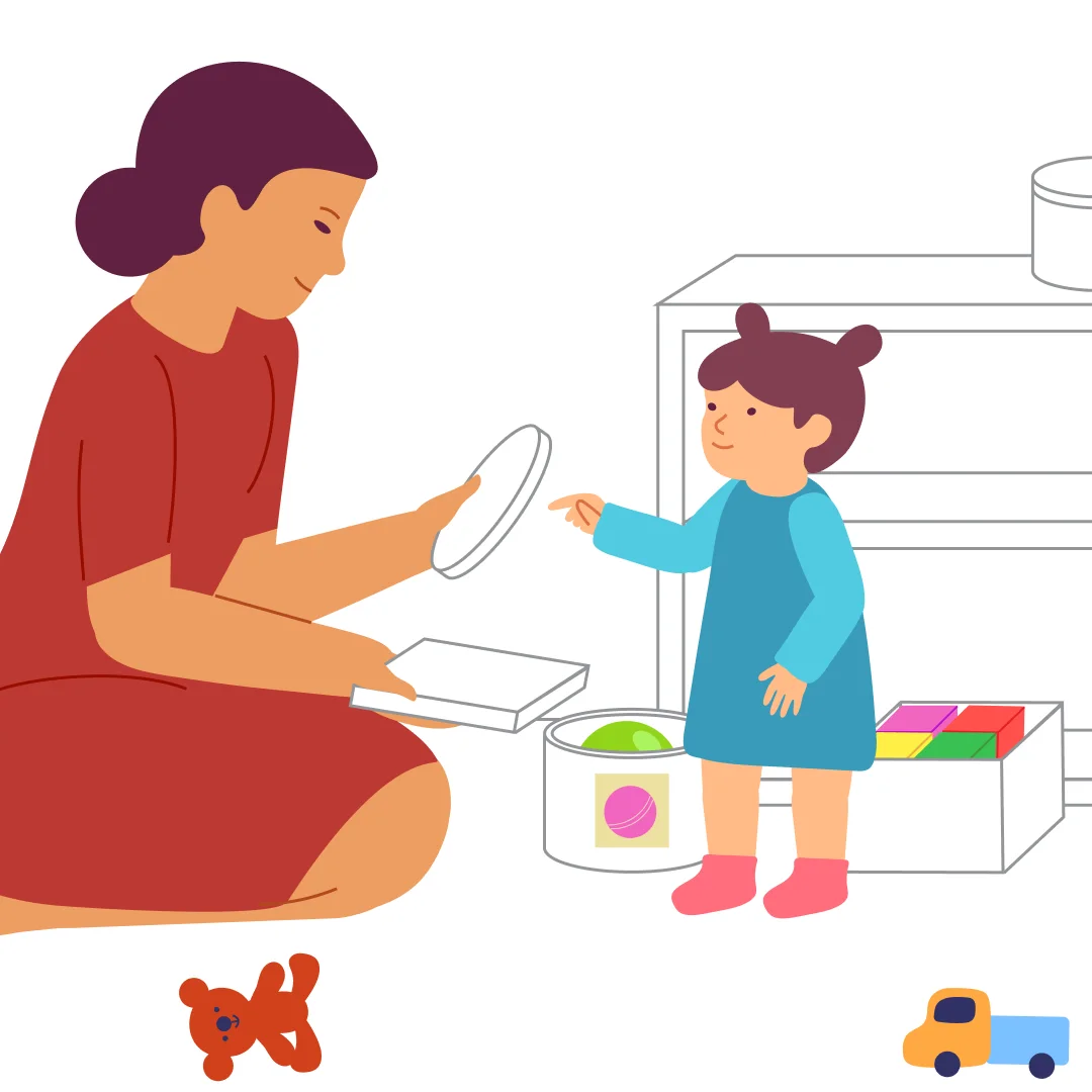 Illustration for “Tidy Up the Room!”, step 3: Put the blocks and balls away together.