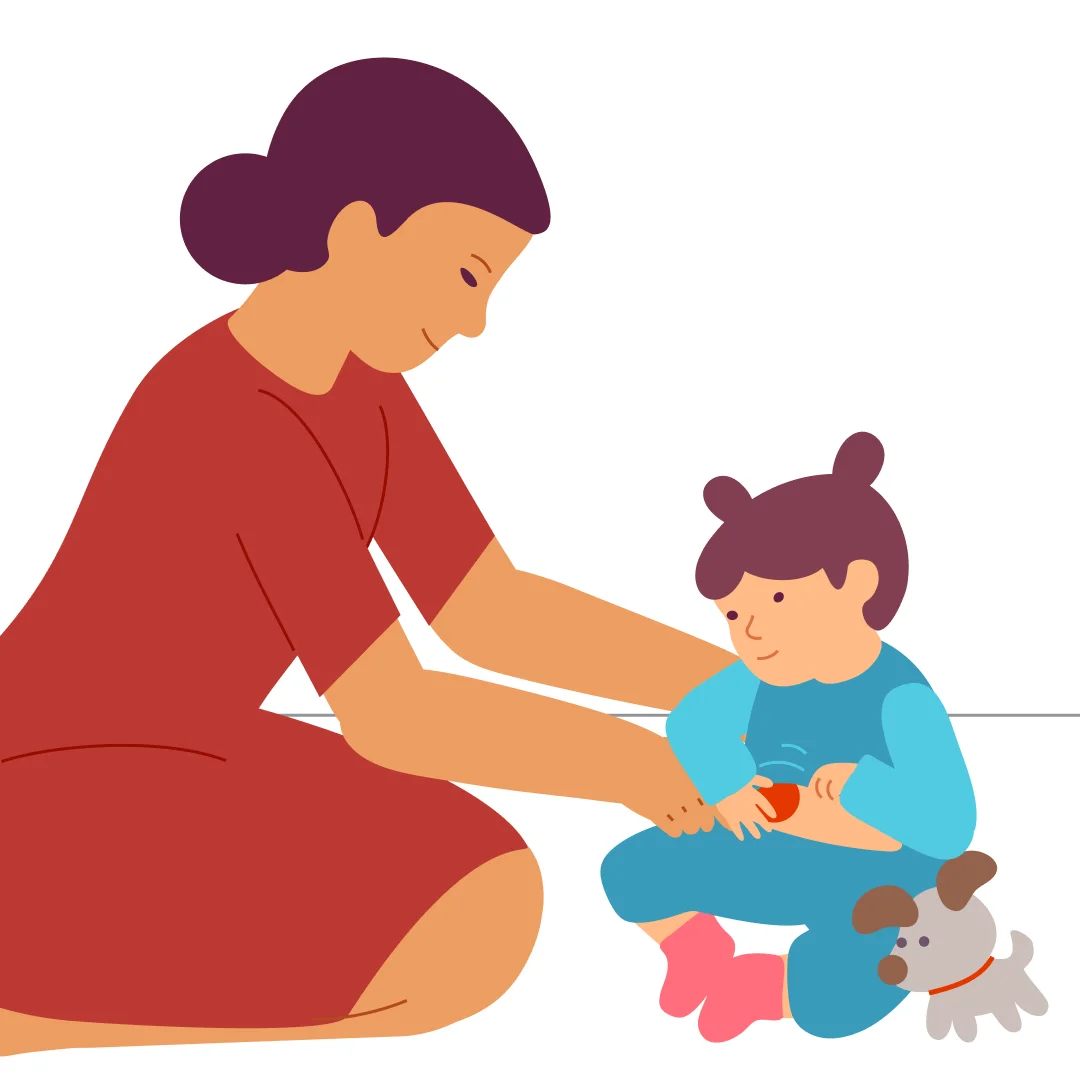 Illustration for “Find the Ball”, step 3: If your child can’t match the body part the ball is pressed against, tickle that spot.