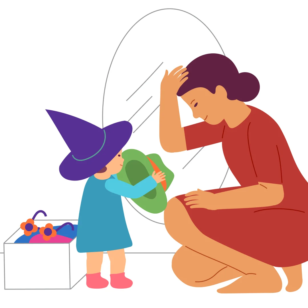 Illustration for “Carnival”, step 2: Invite your child to dress each other in turns: “Now you put a hat on Mama.” If your child follows simple requests well, make it more challenging by asking for two items at once: “Give me the hat and the