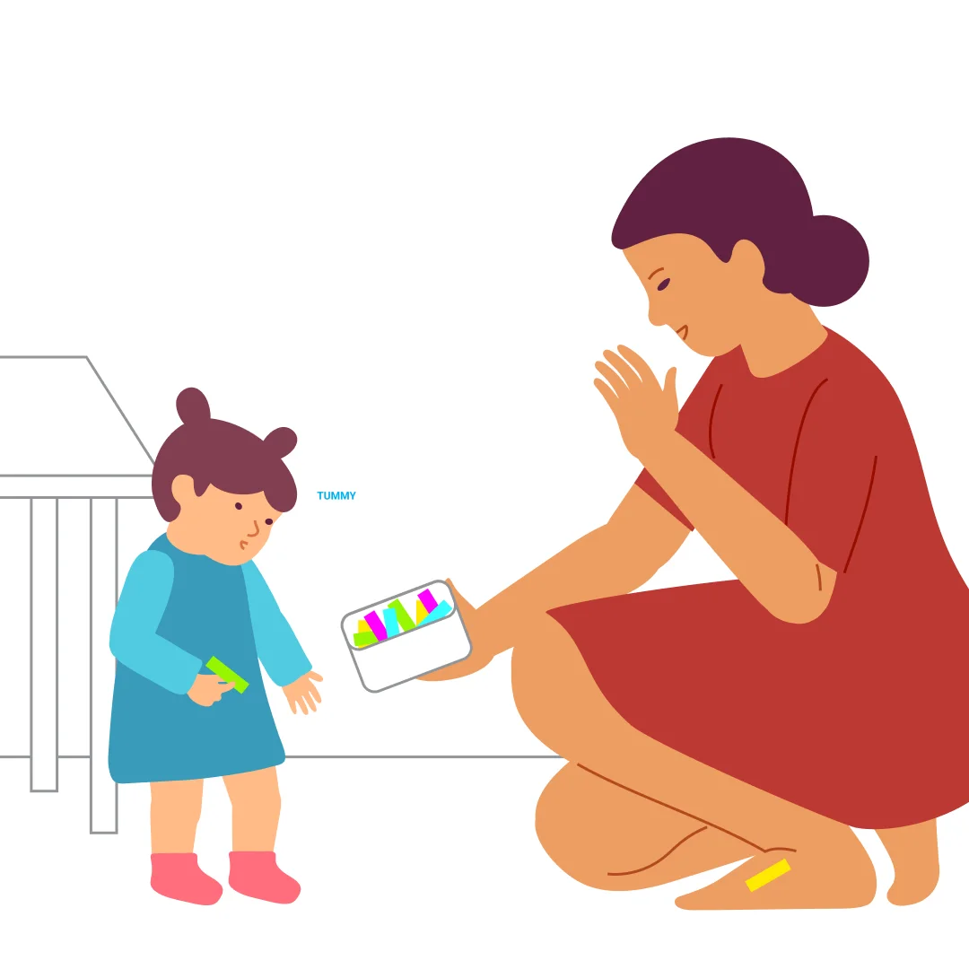 Illustration for “Body Touch Game”, step 4: Depending on your child’s level, choose one of two options: Option 1: Name a body part (yours or your child’s) and ask to remove the sticker from there: “Where is your ear?