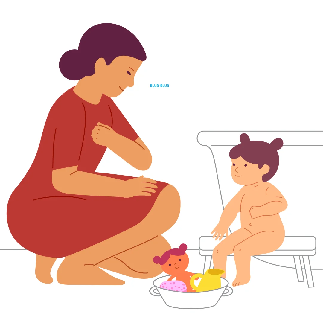 Illustration for “Wash Up”, step 1: Gather soft bath mitts, squeezable sponges, and foam mousse your child can spread on themselves.