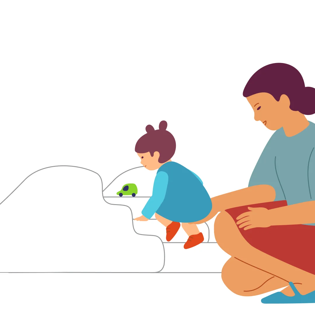 Illustration for “Whee! Down!”, step 1: During your walk, suggest sliding down a small slide — pat the slide and say: “We can slide!” Prepare a small, stable toy car or a ball and place the toy at the top of the slide.