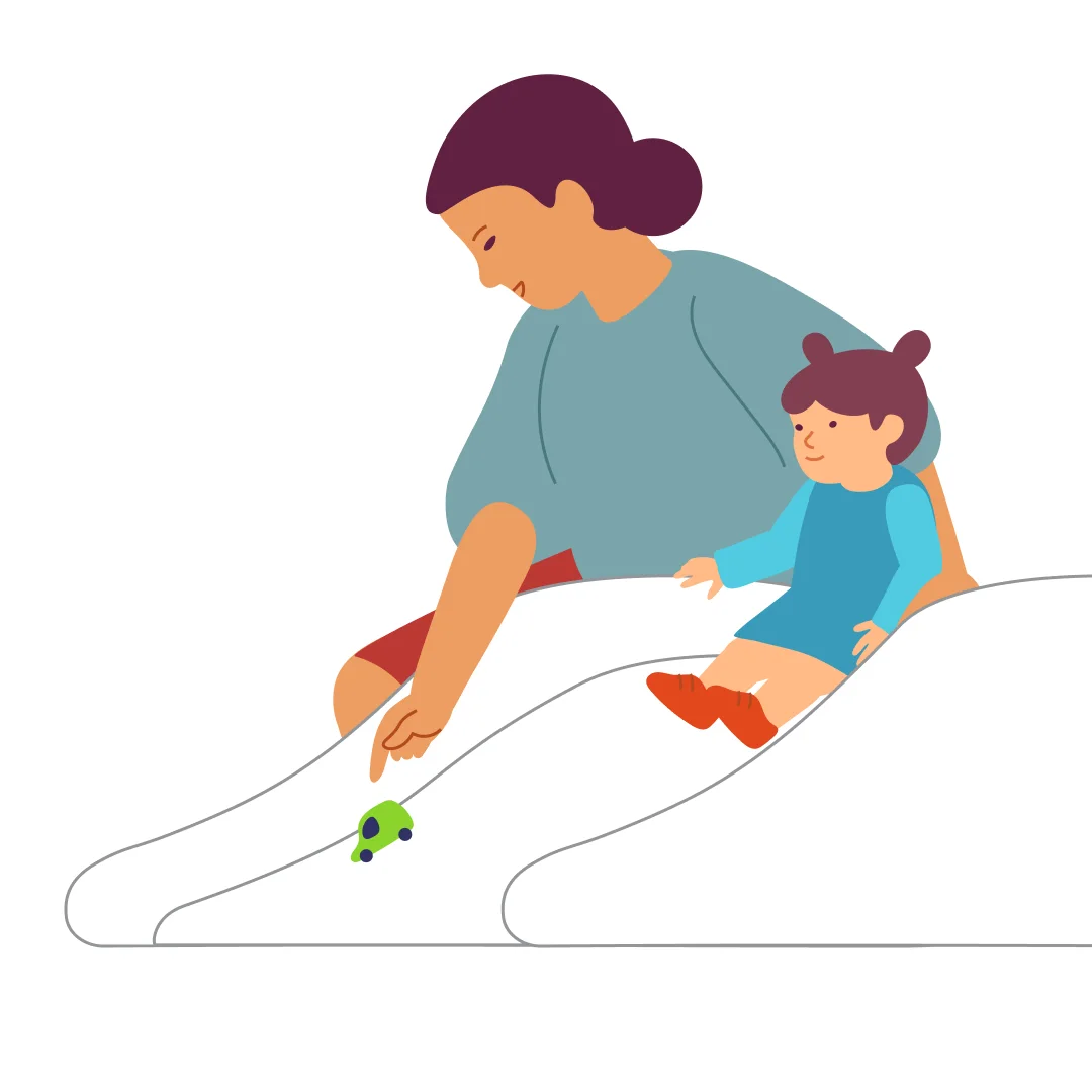Illustration for “Whee! Down!”, step 2: Help your child sit on the slide, supporting their torso.