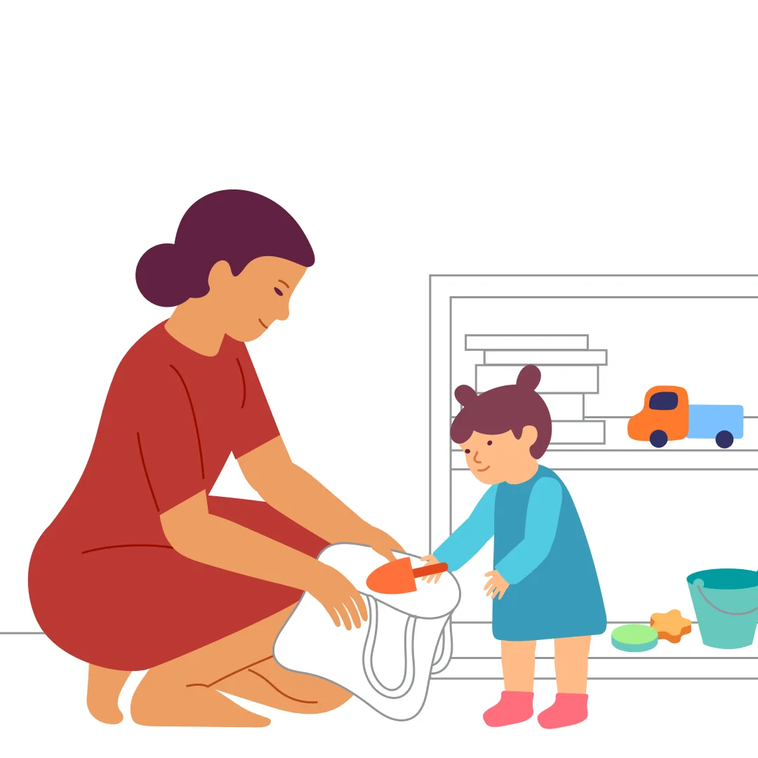 Illustration for “Sandbox, Molds”, step 1: Set up a spot near your door to store outdoor toys — a low shelf or a container works well.