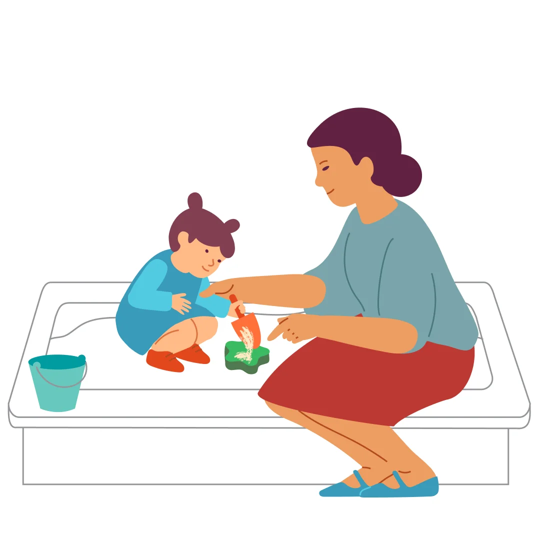 Illustration for “Sandbox, Molds”, step 2: In the sandbox, sit close by so it’s easy to help.