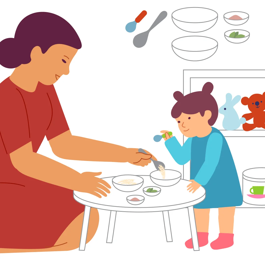Illustration for “Cooking Magic Soup”, step 1: Invite your kid to play “house guests” and cook “magic soup.” Get ready: a bowl with semolina, dried peas, beans; a few small bowls with spices; an empty mixing bowl; a big spoon for you and a