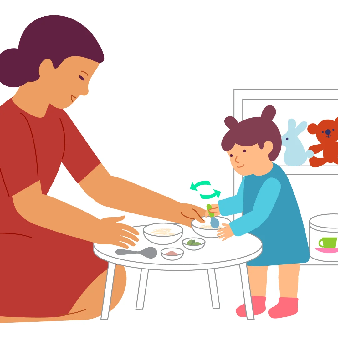 Illustration for “Cooking Magic Soup”, step 3: Say: “Now let’s stir the soup!” Show how to stir, then let your child copy you.
