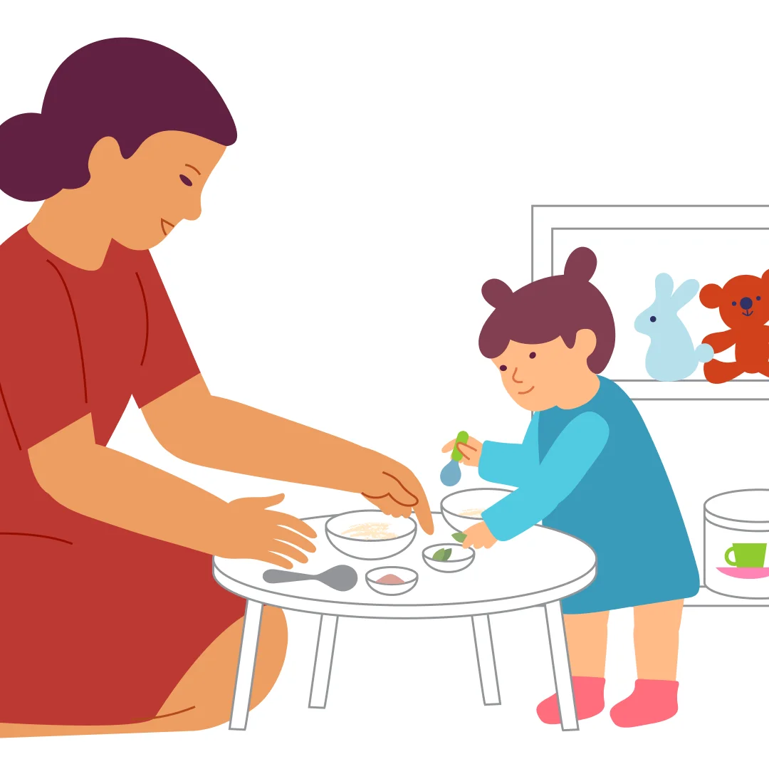 Illustration for “Cooking Magic Soup”, step 4: Invite your child to add a bay leaf or other dry spices they can pick up with their fingers (like a clove).