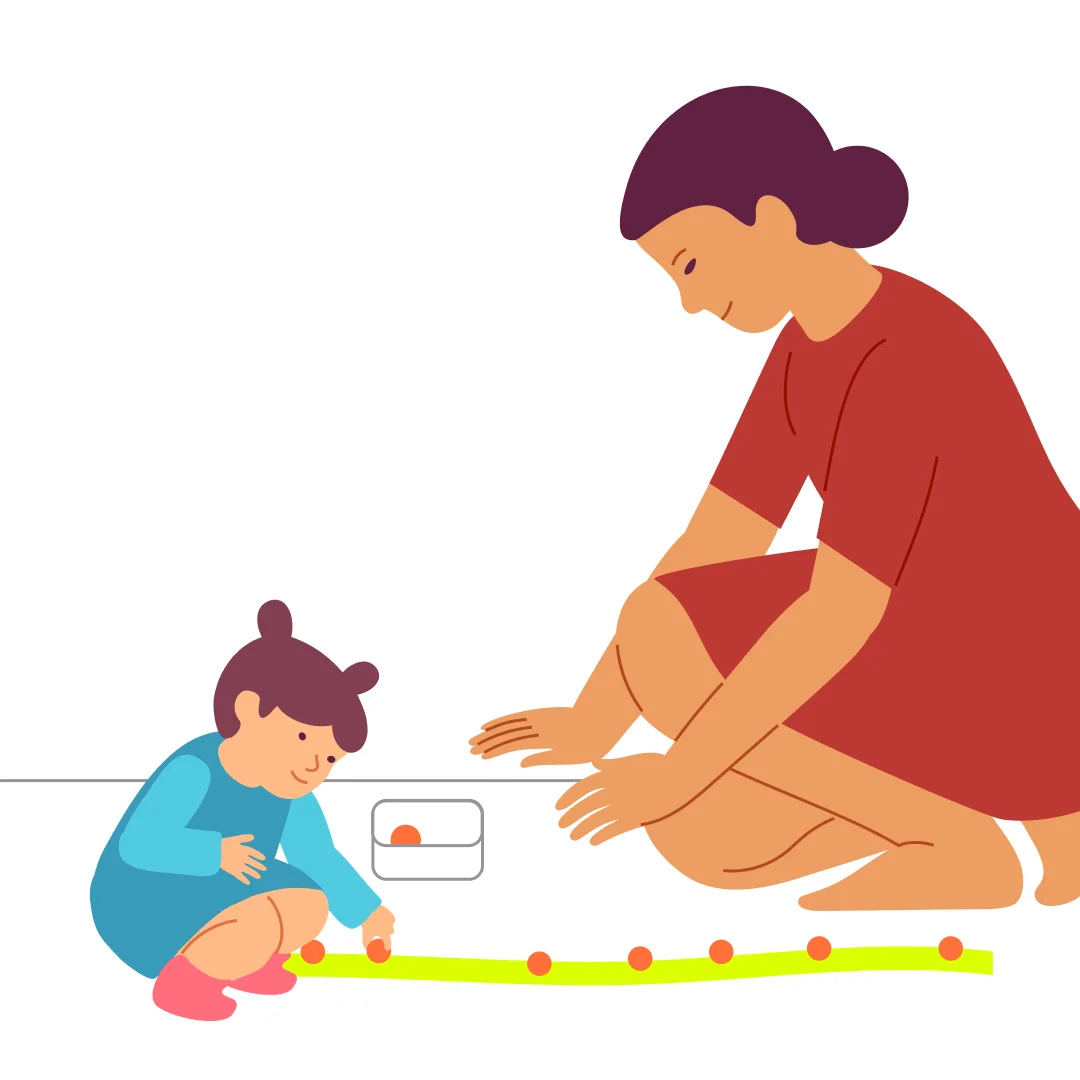 Illustration for “Collect Apples”, step 2: Hand your child the basket: “Now you.” Support with brief cues: “We squat, pick, put, stand.