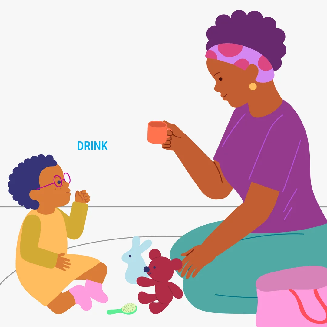 Illustration for “Animal Playtime”, step 2: Take out the bag and create interest: “Look what interesting things are in there!” Let the child take out the items one at a time.